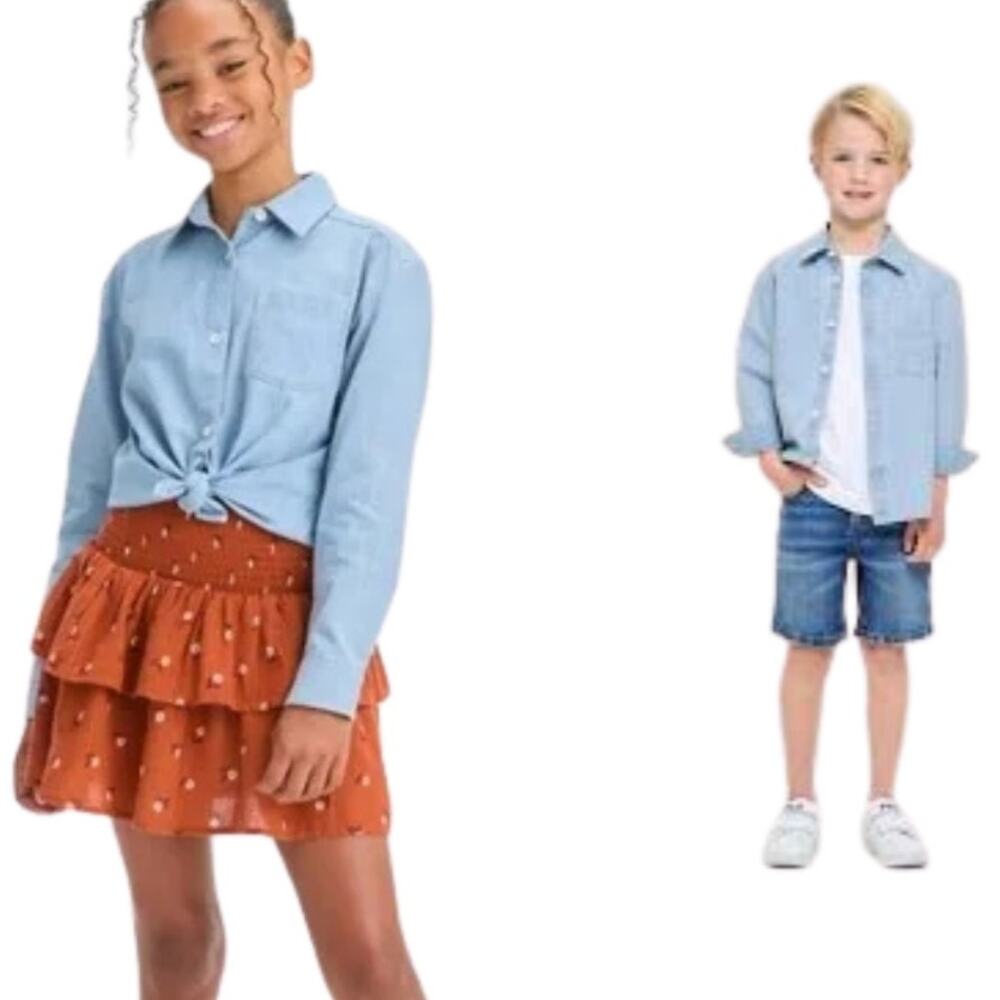 Cat & Jack Kids Chambray Button Up Top, Size  L (10-12)